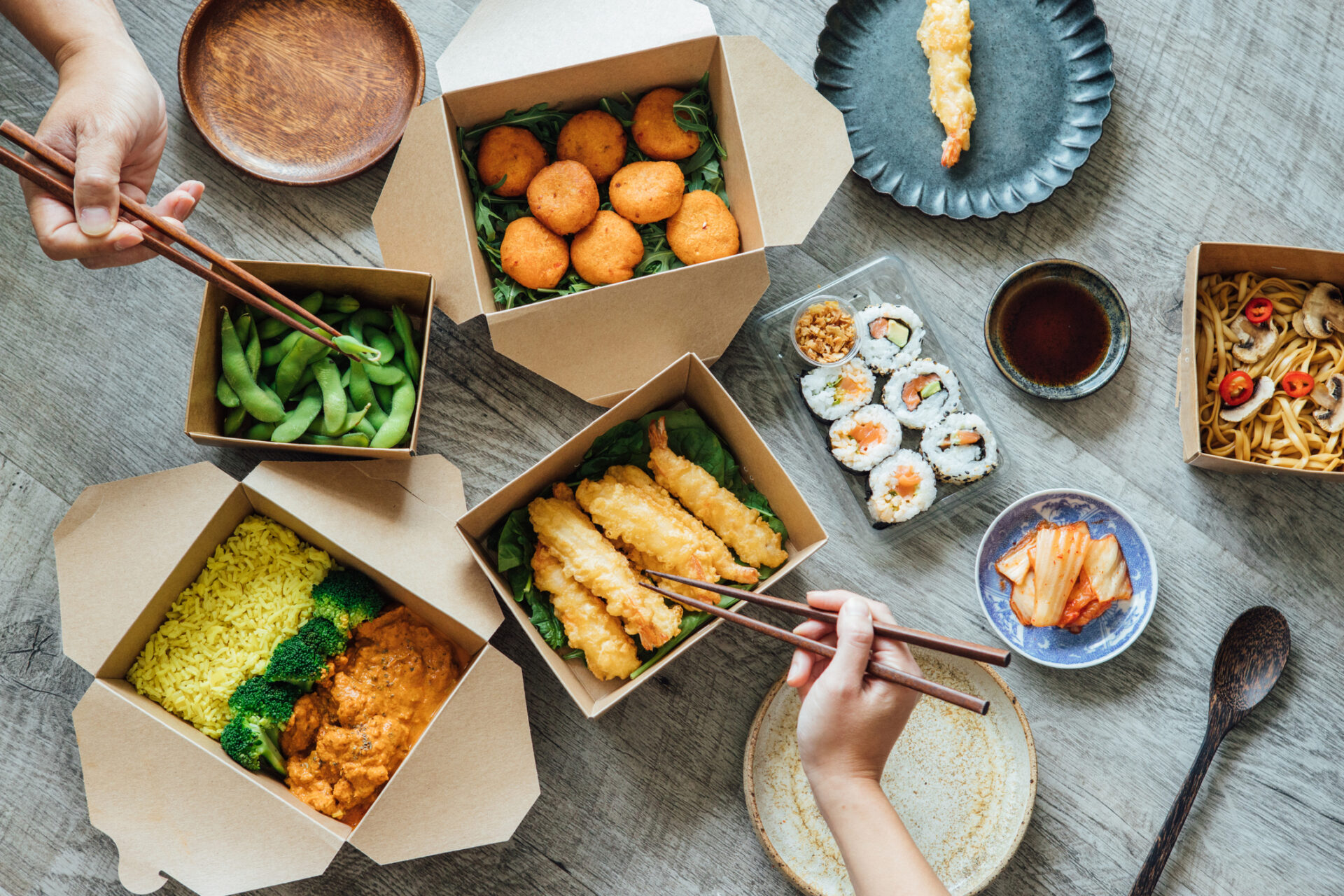 various take away boxes of food