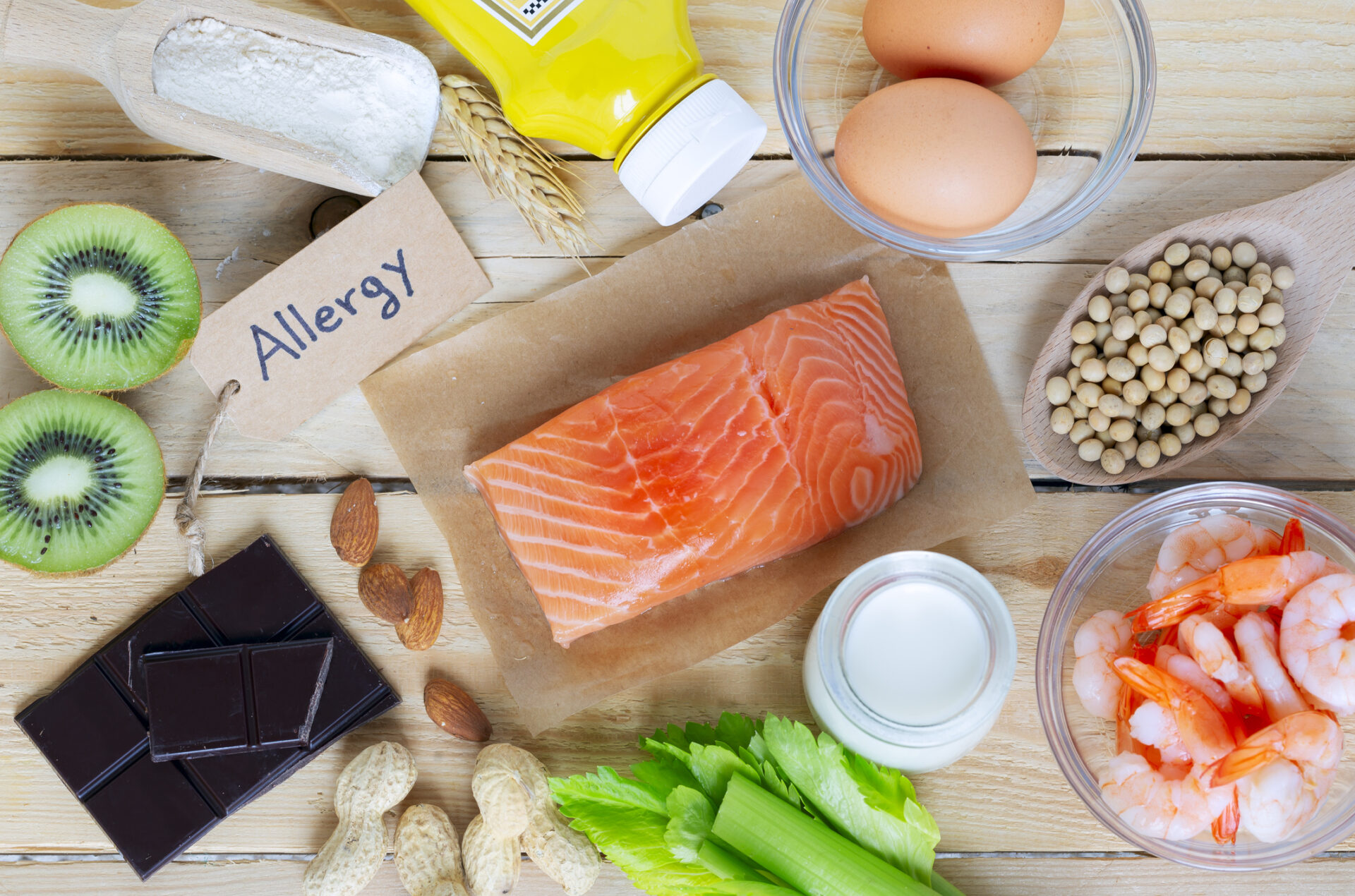 Composition with common food allergens including egg milk soya nuts fish seafood wheat flour mustard dried apricots and celery