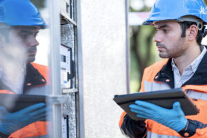 A airquality inspector wearing high-visibility and a hard hat is taking down readings from an air-quality meter onto a tablet