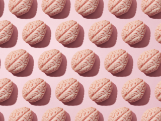 A collage of human brain graphics on a pink background
